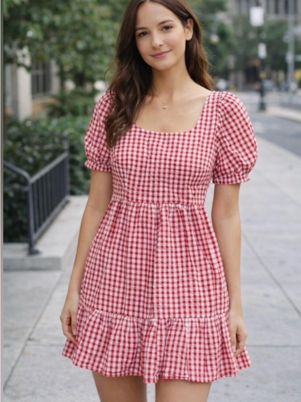 Loft Red Gingham Puff-Sleeve Mini Dress